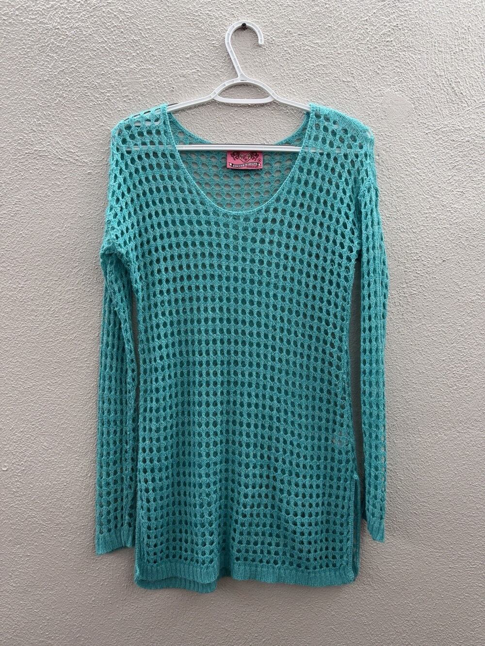 Sweet and Sinful Womens Sweater Top Size Medium Teal Open Knit Long Sleeve